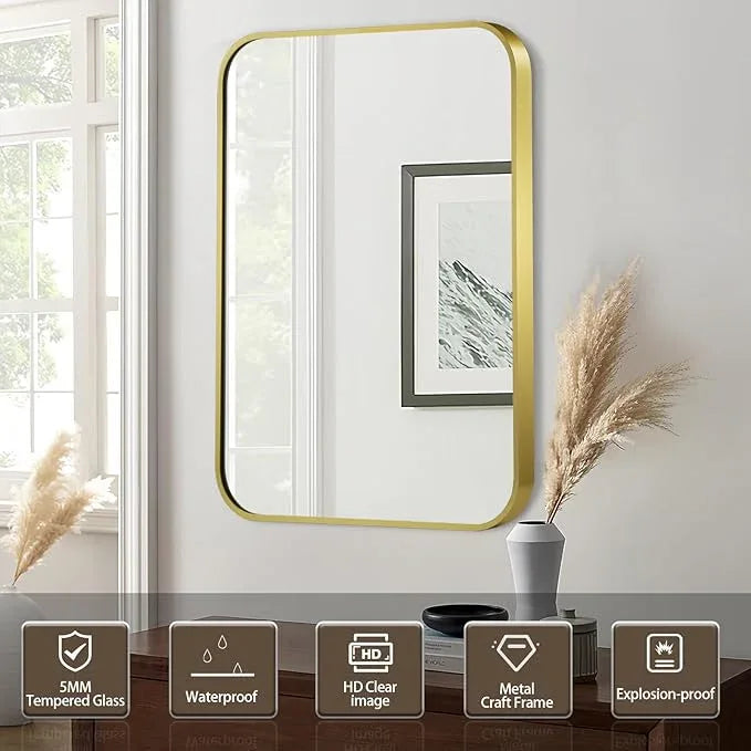 CLBA Matte Gold Mirror, 22x30 Inch Brushed Gold Mirror, Aluminum Alloy Framed Vanity Mirror, Rounded Rectangle Bathroom Mirror for Over Sink, Anti-Rust Wall Mirror (Horizontally or Vertically) - ModernBath