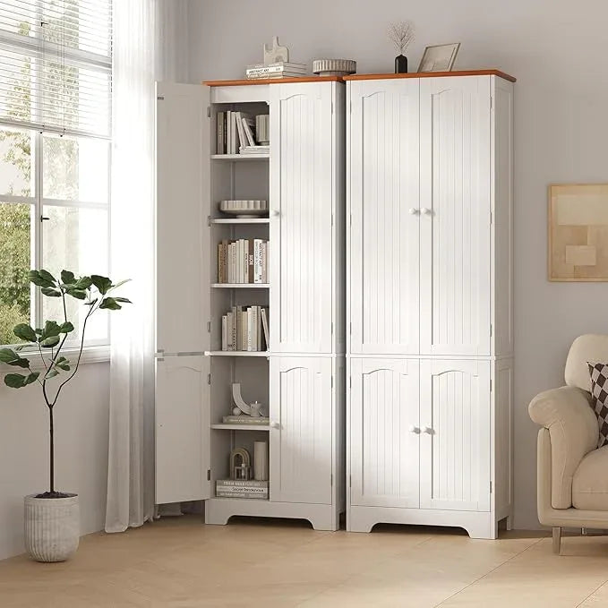 72.2'' Pantry - 4 Door Kitchen Cabinet with Adjustable Shelves, Freestanding Cupboard, Tall Storage Cabinets for Dining Room, Living Room, Laundry, Bathroom, Entryway, White - ModernBath