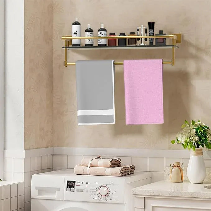 Bathroom Glass Shelf with Towel Bar/Rack 24 inches Wall-Mounted Shelves Tempered Glass Sink Toilet Organizer Shower Towel Decorative Storage (Polished Gold Finish) - ModernBath