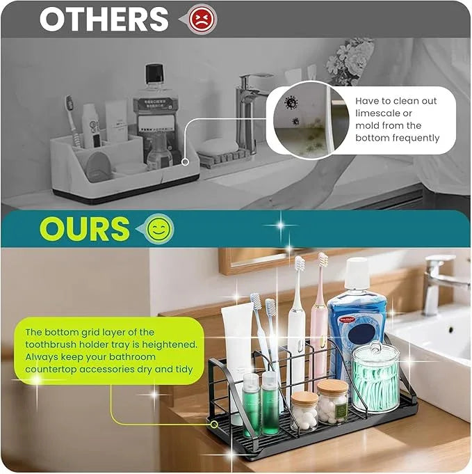 Bathroom Countertop Organizer - Detachable 7 Slots Kids Electric Black Toothbrush and Toothpaste Holder Drainage Tray for Bathroom Accessories Organization Counter Vanity Sink Storage - ModernBath