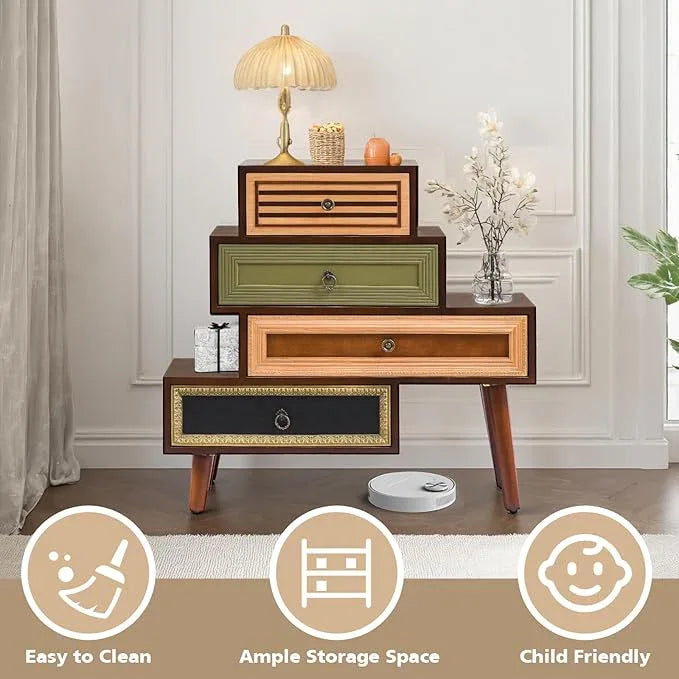 Vintage Accent Chest with 4 Drawers, Asymmetrical Stacked Design, Multicolored Hand-Carved Decorative Rustic Cabinet for Living Room, Entryway - ModernBath