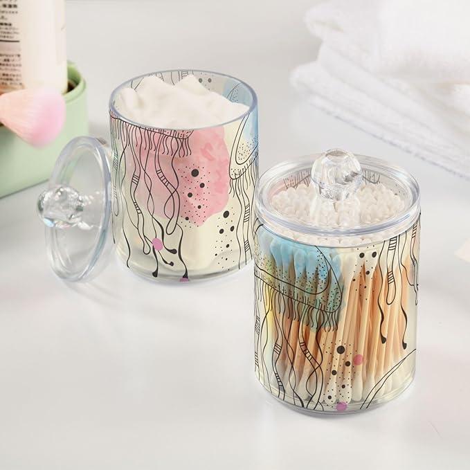 Tatenale Qtip Holder Bathroom Set Q tip Cotton Ball Swab Pad Dispenser Container Organizer Plastic Jars with Lids Storage 2Pack Ocean Jellyfish Beige - ModernBath