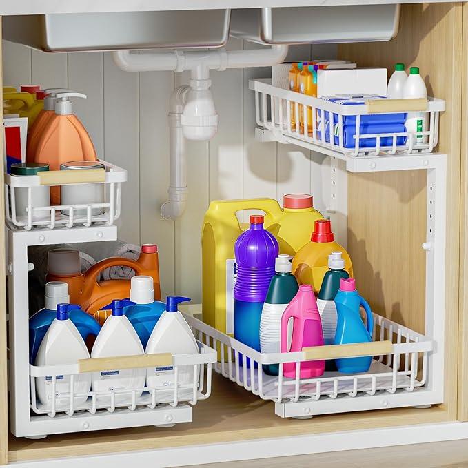 2Pcs Under Sink Organizer, Adjustable Under Sink Organizers and Storage, 2-Tier Pull Out Under Kitchen Sink Organizer, Sliding Out Metal Under Bathroom Sink Organizer for Kitchen Pantry White - ModernBath