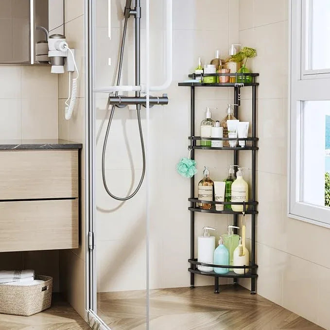 HapiRm Standing Corner Shower Caddy - 4 Tier Shower Organizer Corner with Soap Holder and 4 Hooks, Rustproof Bathroom Storage Shelves with Adhesives, Black - ModernBath