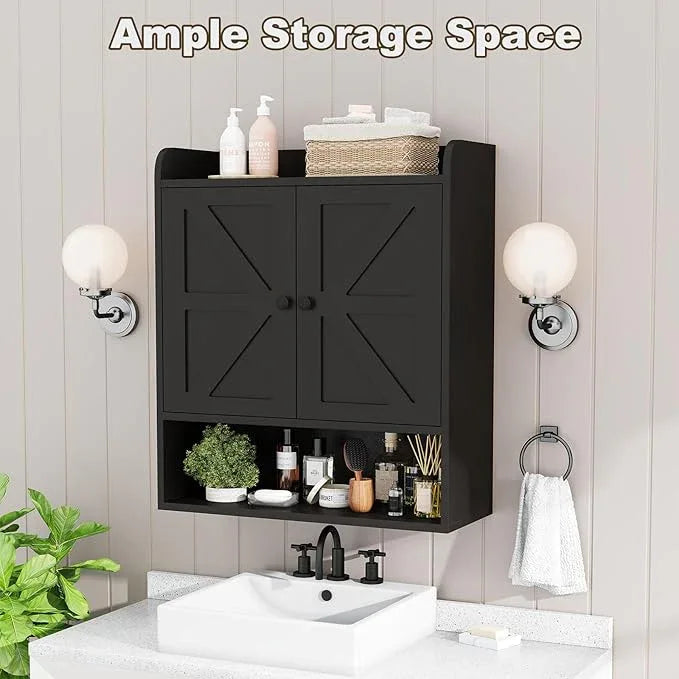 EasyCom 22" W x 26" H Bathroom Wall Cabinet, Farmhouse Medicine Cabinet with Adjustable Shelves and Double Barn Doors, Over The Toilet Storage Cabinet for Bathroom, Kitchen, Living Room, Black - ModernBath