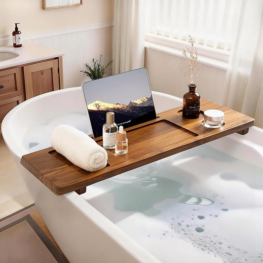Teak Bathtub Tray - Large Wood Bath Caddy Tray 29" - Luxury Shower Organizer for Freestanding Bath - Adjustable Bathtub Trays for Home Spa Relaxation and Reading - Light Walnut Color