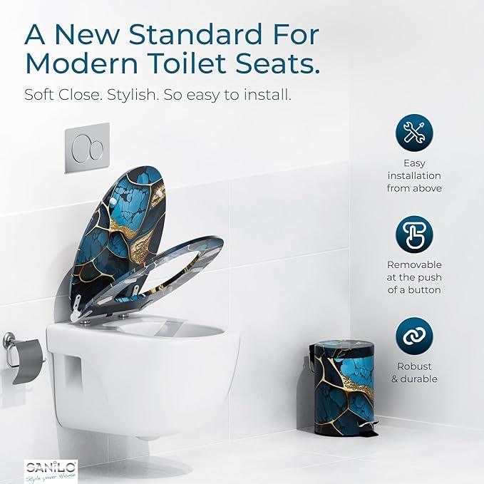 Sanilo Wooden Toilet Seat with Quick Release & Soft Close [ELONGATED] - Decorative & Slow Close Molded Wood Seat - With One Click for Easy Installation & Cleaning - With Adjustable Fit (Marble Cobalt) - ModernBath