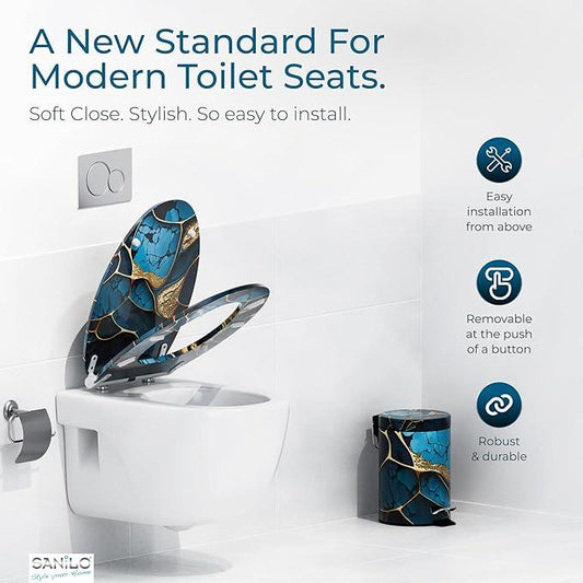 Sanilo Wooden Toilet Seat with Quick Release & Soft Close [ELONGATED] - Decorative & Slow Close Molded Wood Seat - With One Click for Easy Installation & Cleaning - With Adjustable Fit (Marble Cobalt) - ModernBath