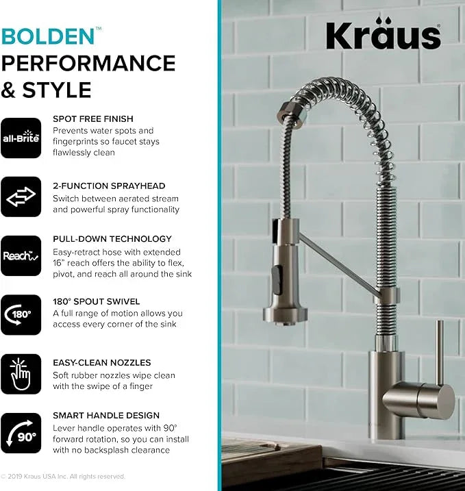 KRAUS Bolden Commercial Style 2-Function Single Handle Pull Down Kitchen Faucet in Spot-Free Stainless Steel/Chrome, KPF-1610SFSCH (Pack of 1) - ModernBath