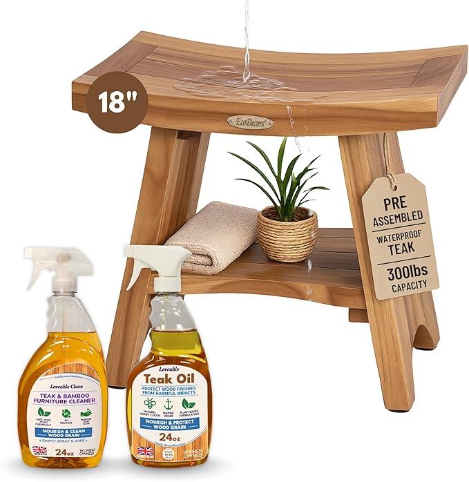 EcoDecors Fully Assembled, Serenity 18" Teak Shower Bench, with Shelf, Wooden Shower Bench, Shower Stool, Plus Teak Care Bundle, Teak Oil Spray, Compact Fit for Small Bathrooms, Sauna Bench - ModernBath