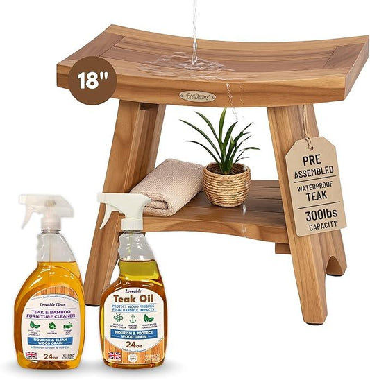 EcoDecors Fully Assembled, Serenity 18" Teak Shower Bench, with Shelf, Wooden Shower Bench, Shower Stool, Plus Teak Care Bundle, Teak Oil Spray, Compact Fit for Small Bathrooms, Sauna Bench - ModernBath