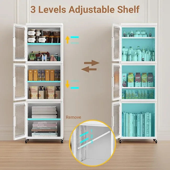 BROVIEW 3-Tier Tall Narrow Storage Cabinet 14.6” Wide, Slim Bathroom Cabinets with Adjustable Shelves and Doors, Plastic Kitchen Pantry Organizers and Storages for Small Space, Laundry, White - ModernBath