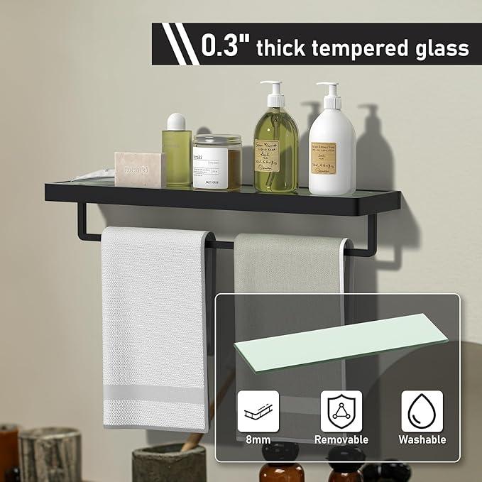 Floating Glass Shelves for Bathroom 20-in with Towel Bar/Tempered Glass Rectangular 1 Tier Organizer Shelf (Matte Black, 20'') - ModernBath
