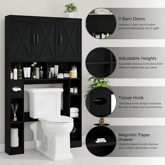 Over The Toilet Storage Cabinet, Farmhouse Toilet Cabinet Rack with 3 Barn Doors, Space Saving Bathroom Organizer with Shelves, Toilet Paper Holder and Towel Rack for Bathroom,Restroom,Laundry, Black. - ModernBath