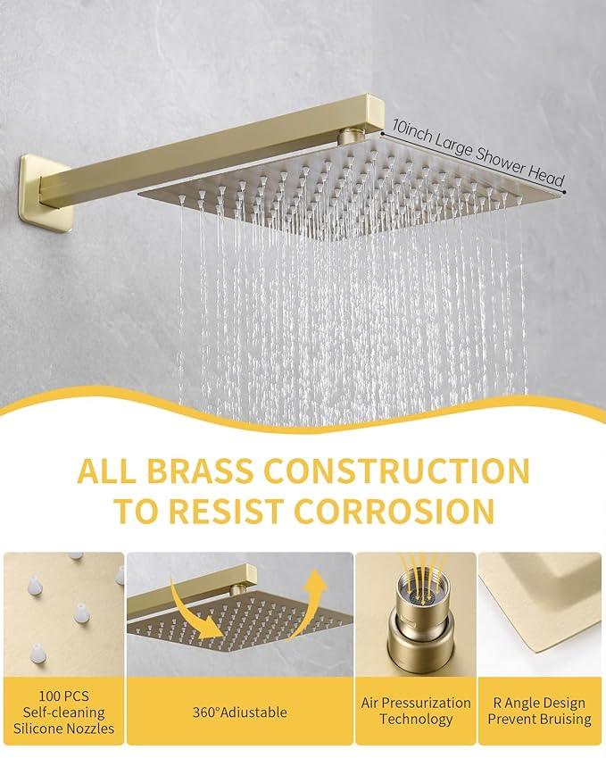 Fransiton Shower Faucet set with Shower head 10 Inches Rainfall Shower Head and Handle Set Single Handle Wall Mounted Shower System Set with Female Threads Valve Body(10", Brushed Gold) - ModernBath