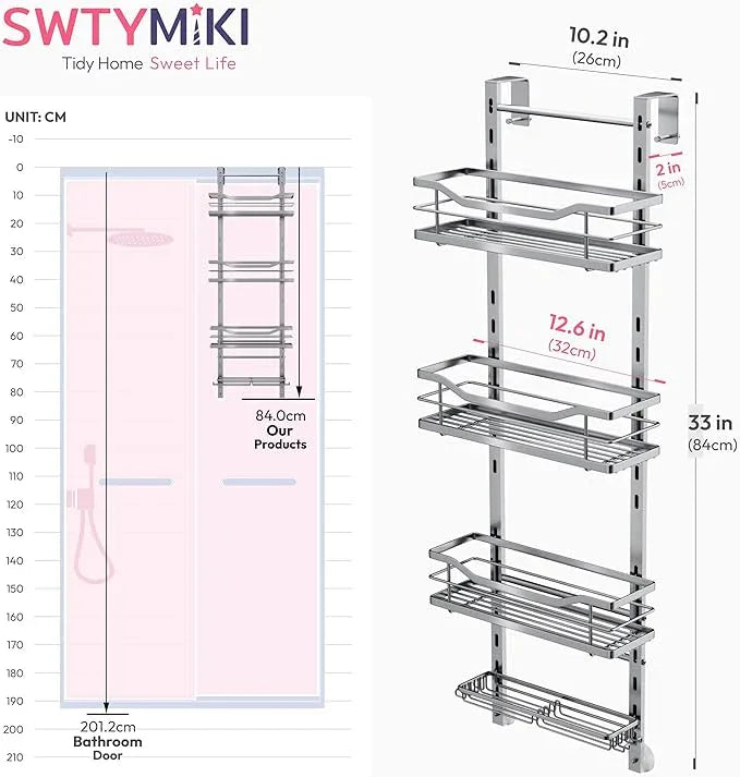 SWTYMIKI Over the Door Shower Caddy - 4 Tier Adjustable Shower Organizer Hanging with Soap Holder, No Drilling Stainless Steel Bathroom Rack Hanging for Body Wash, Shampoo, Soap, Razor, Silver - ModernBath