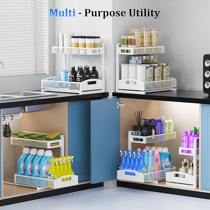 Metal Under Sink Organizer, Pull Out Cabinet Organizer Rack with Silk-Smooth Bottom Drawer, 5-Level Adjustable, Multi-Purpose Storage Shelf for Bathroom, Kitchen, Vanity, Pantry (2-Pack) - ModernBath