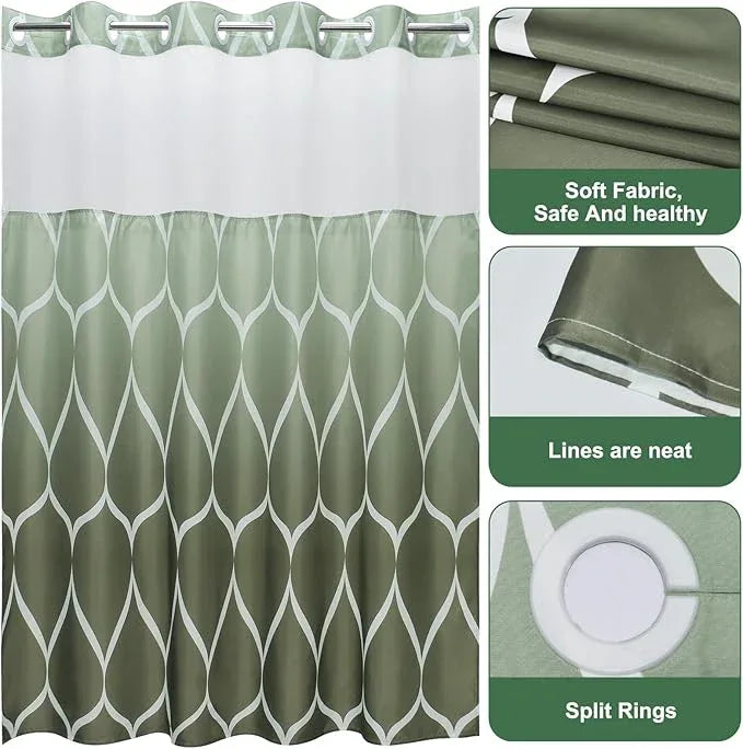 Yiatn No Hook Ombre Sage Green Shower Curtain with Snap in Fabric Liner Set - Hotel Style with See Through Mesh Top Window, 71x74 INCH - ModernBath