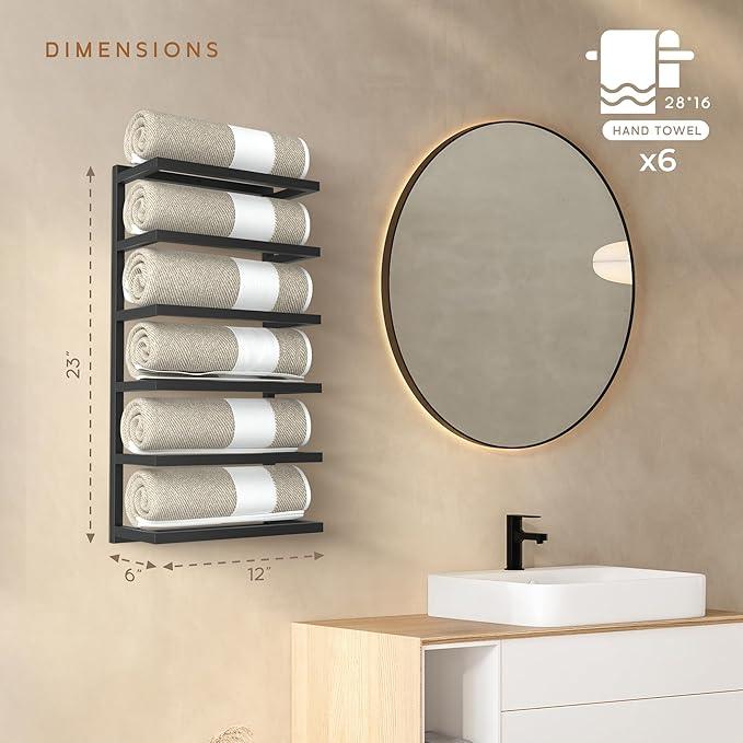 Modern Tiered Towel Rack - Wall-Mounted Metal Towel Shelf for Bathroom, Space-Saving Storage for Towels, Organizers, and Home Decor (Black, 6-Tier) - ModernBath