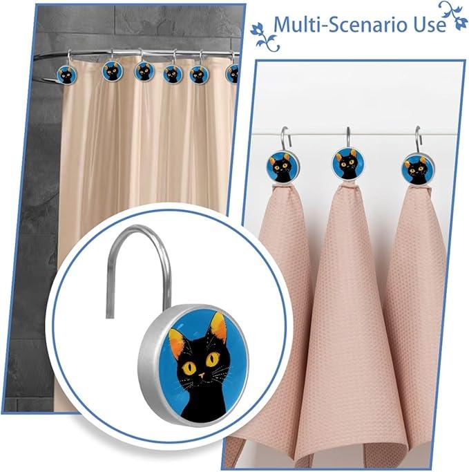 Cartoon Cat Crystal Glass Shower Curtain Hooks for Bathroom Shower Rod, 12Pcs Round Home Decorative Shower Curtain Rings, Bathroom Bedroom Living Room Accessories - ModernBath