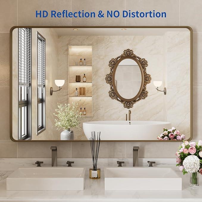 WEER 48x30 Inch Bronze Bathroom Mirror for Vanity, Brushed Bronze Metal Frame Mirror for Wall, Rounded Rectangle Bronze Frame Mirror with Tempered Glass, Anti-Rust (Horizontal/Vertical) - ModernBath