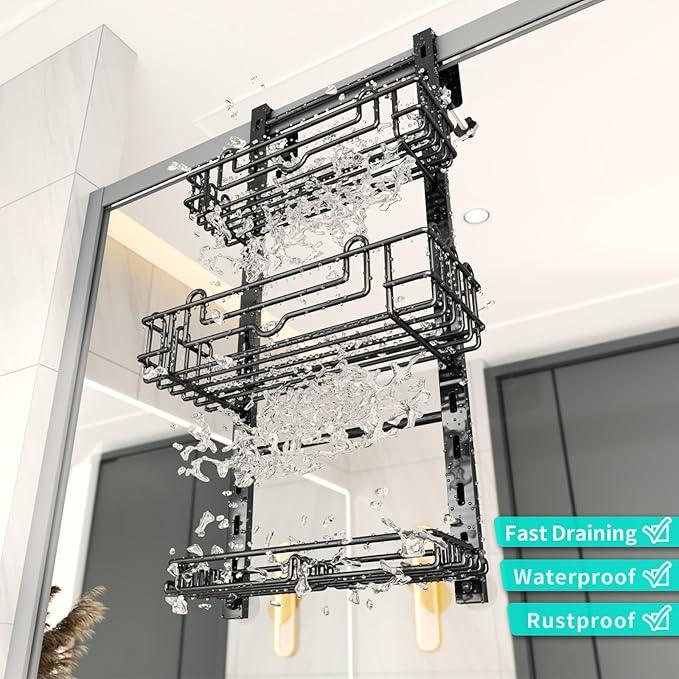 HapiRm 3 Tier Over the Door Shower Caddy, Hanging Shower Caddy with 16 Hooks and 2 Soap Holders, No Drilling Adjustable Hanging Bathroom Organizer - Black - ModernBath