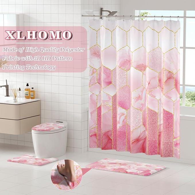 XLHOMO Bathroom Sets with Shower Curtain and Rugs - 4PC Pink Geometric Shower Curtain Set with 12 Hooks, Toilet Cover, U-Shaped Mat and Rugs Modern Abstract Bathroom Accessories for Bathroom - ModernBath