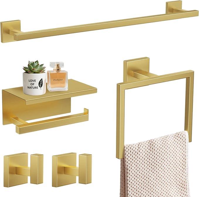 TURS Brushed Gold 5 Pieces Bathroom Hardware Set, SUS304 Stainless Steel 23.6 Inch Bath Towel Bar Set, Square Bathroom Accessories Kit Wall Mounted - ModernBath