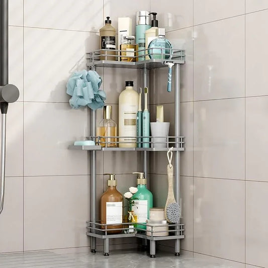 HapiRm Corner Shower Caddy Standing - 3 Tier Shower Organizer Corner with Soap Holder, Rustproof Bathroom Standing Organizer with 4 Hooks, Grey - ModernBath