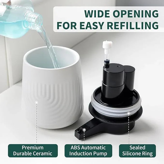BosilunLife Ceramic Automatic Soap Dispenser with Extended Pump Nozzle, 3 Adjustable Levels, Touchless Foam Hand Wash Foaming Dispenser for Bathroom & Kitchen, Embossed Wave Design, White, 10oz - ModernBath