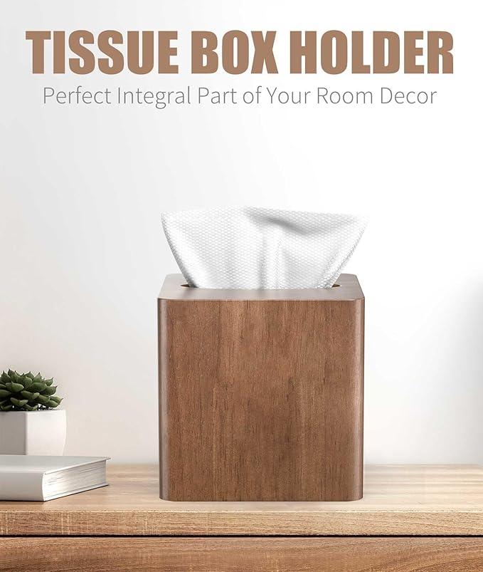 Livelab Tissue Box Cover Square - Oak Wood Tissue Box Holder for Living Room, Dinner Table, Bathroom, Office - Decorative Wooden Cube Facial Tissue Cover for Modern Farmhouse Home Decor | Brown - ModernBath