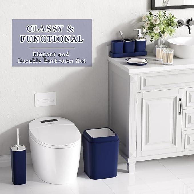 XLHOMO 24PC Navy Blue Bathroom Set with Shower Curtain and Rugs, Blue Bathroom Sets Complete with Trash Can,Soap Dispenser,Soap Dish,Toilet Brush,Toothbrush Holder and Cup,Tray,Q-Tip Holders - ModernBath