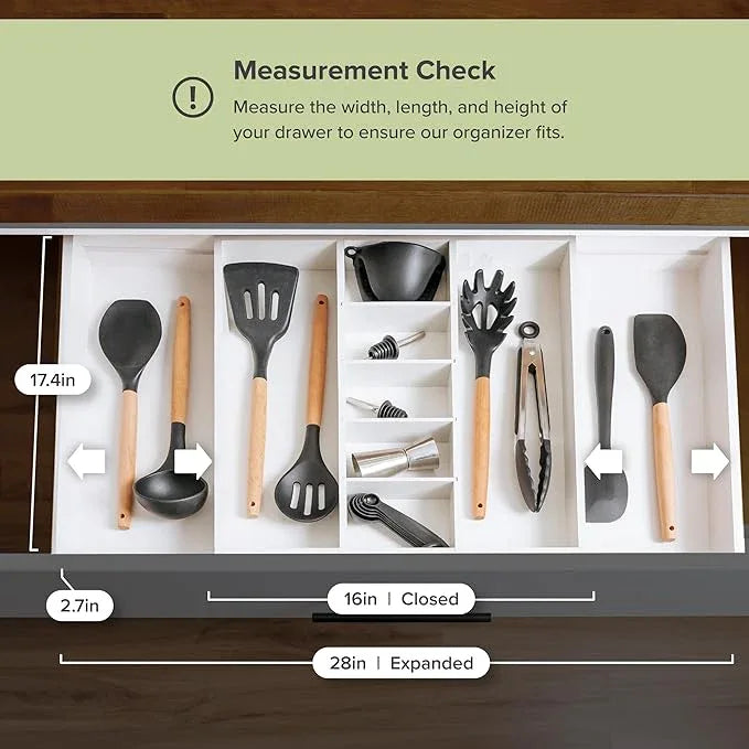 KitchenEdge Adjustable Kitchen Drawer Organizer for Utensils and Junk, Food-Safe Contract Grade with 100% Sustainable Wood, Expandable from 16 to 28 Inches Wide - White Bamboo - ModernBath