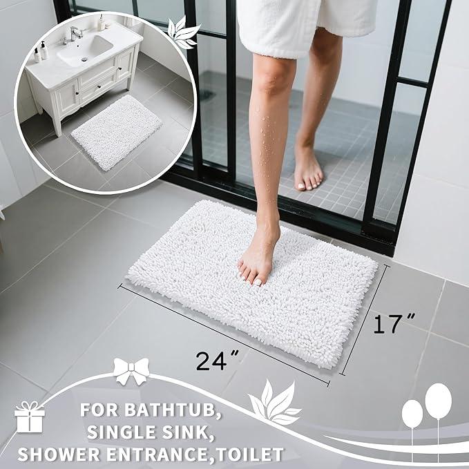 Yimobra Chenille Bathroom Rugs Non Slip, Extra Thick Soft Absorbent Bath Rug, Machine Washable Quick Dry Bath Mat for Bathroom Floor, Tub and Shower, Home Decor Accessories, 24x17, White - ModernBath