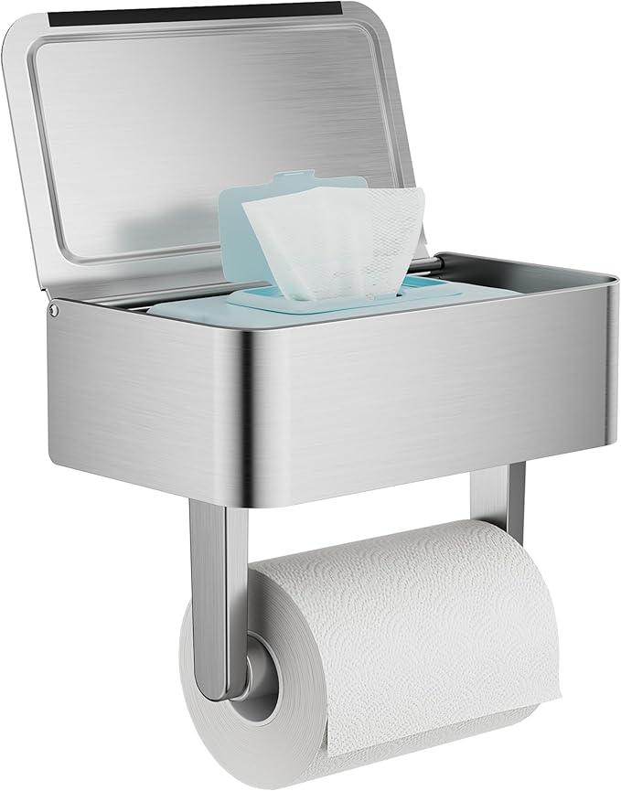 Toilet Paper Holder, Stainless Steel Wall Mount Bathroom Organizer with Shelf, Flushable Wipes Dispenser Storage Fits Any Bathroom and Hide Your Wet Wipes, Regular Roll (nickel) - ModernBath