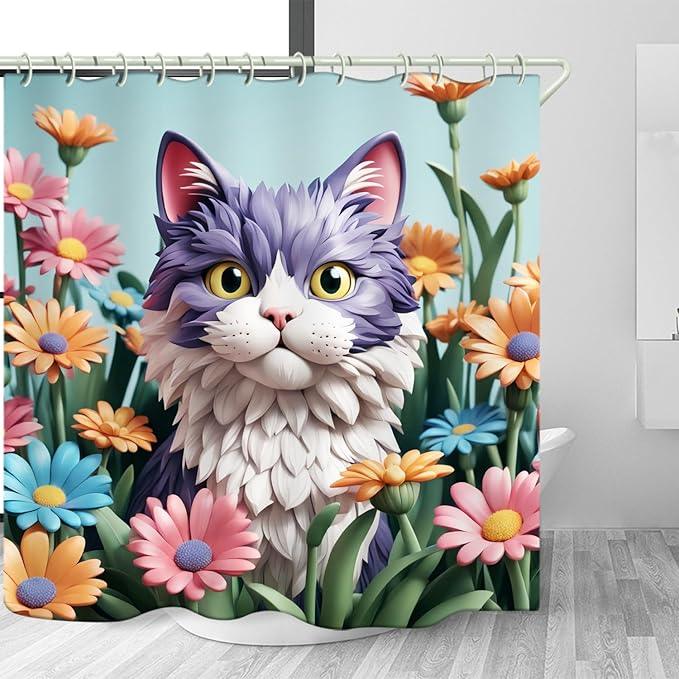 LYFANS Bathroom with Purplish White Cat 3D Shower Curtains, Luxury Bathtub Standard Shower Curtain, Waterproof and Bright Fabric Shower Curtain Size (72x72 Inches) - ModernBath