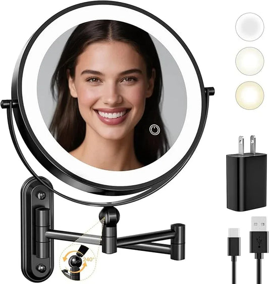 Rocollos Rechargeable Wall Mounted Lighted Makeup Mirror, 8 Inch Double-Sided LED Vanity Mirror 1X/10X Magnification,3 Color Lights Touch Screen Dimmable (Black-30X) - ModernBath