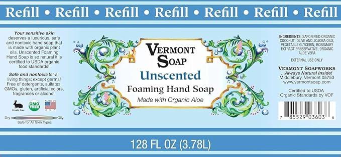VERMONT SOAP Organics Foaming Hand Soap, Liquid Soap with Pre-diluted Formula - Ready to Use Simply Unscented Hand Soap With Convenient and Economical Gallon Refill Size - ModernBath