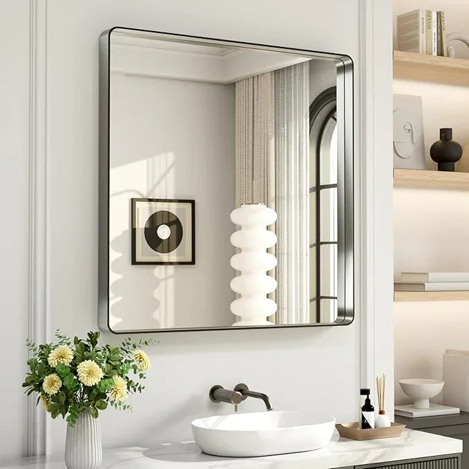 LOAAO 38X38 Inch Brushed Nickel Bathroom Mirror, Rounded Rectangle Silver Metal Frame Mirror, Brushed Nickel, Anti-Rust, Shatter Proof, Hangs Horizontally or Vertically - ModernBath