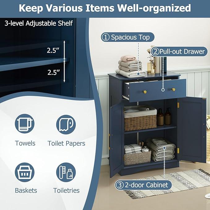 Tangkula Bathroom Floor Cabinet, Modern Freestanding Bathroom Storage Cabinet w/Large Pull-Out Drawer, 2 Doors, 3-Position Adjustable Shelf, Ideal for Living Room (Drawer & Cabinet, Navy Blue) - ModernBath