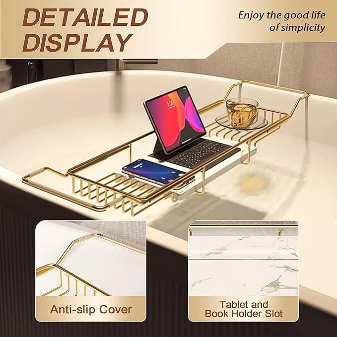 BVL Bathtub Tray Stainless Steel with Marble Base Gold Bathtub Tray with White Marble Base Adjustable & Rustproof Bath Caddy for Spa, Relaxation, Bath Bombs - ModernBath