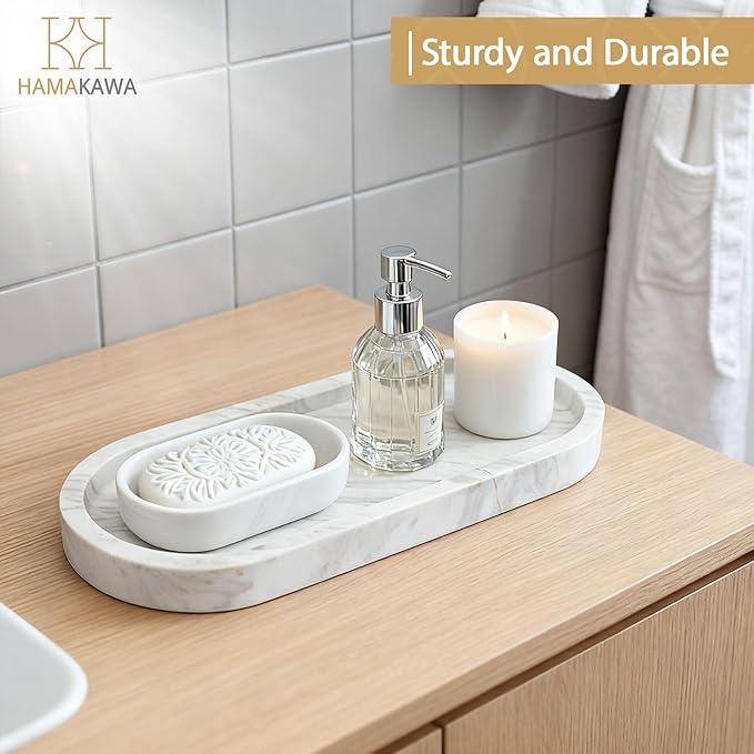 HAMAKAWA Oval Bathroom Vanity Tray, Large Natural Marble Sink Tray 10 inch, Volakas White Stone Soap Trays, Modern Perfume Trays, Countertop Organizer for Kitchen, Coffee Table, Home Decor - ModernBath