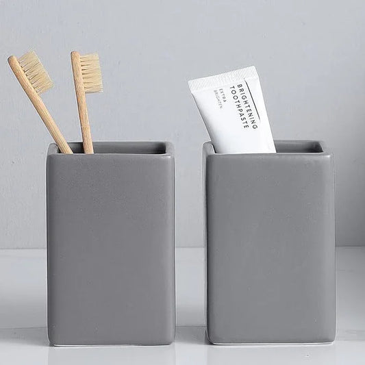 Grey Square Toothbrush Holders for Bathrooms - 2 Cups Ceramic Toothbrush Toothpaste Holders Set, White Square Bathroom Tumbler Cups Reusable Toothbrush Mouthwash Cup, Bathroom Counter Organizer. - ModernBath