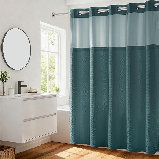 River Dream Heavyweight No Hooks Required Dotted Waffle Weave Shower Curtain with Snap in Liner - 71W x 74H,Hotel Grade,Spa Like Bath Curtain,Teal - ModernBath