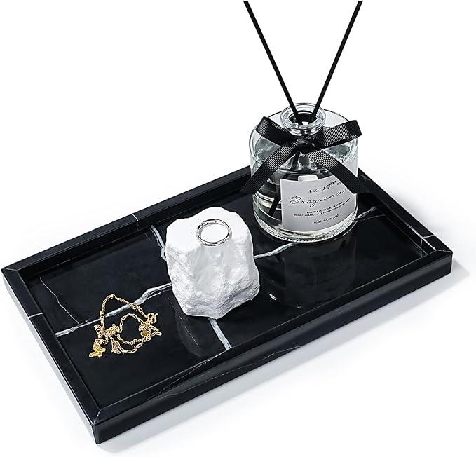 Amauto Natural Marble Vanity Tray Genuine Stone Storage Perfumes Tray Real Luxurious for Home Decor Bathroom/Vanity/Dresser Non-Resin/Non-Ceramic (Black) - ModernBath