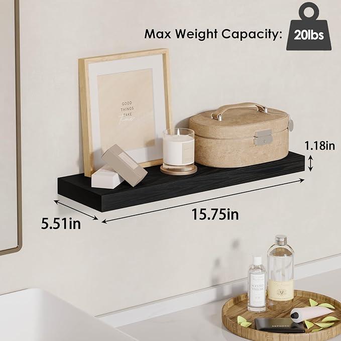 Fixwal Floating Shelves for Wall, Wall Mounted Rustic Wood Shelves for Bathroom, Living Room, Bedroom and Kitchen, Wall Shelves for Storage,Books,Room Decor (Black, Set of 4, 15.8 Inch) - ModernBath