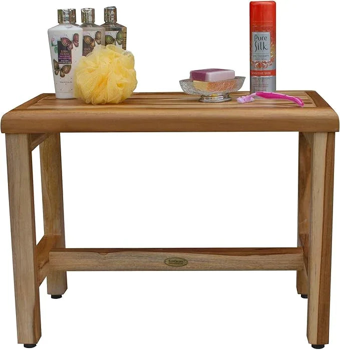 EcoDecors Eleganto 16 Inch Height Natural Color Waterproof Teak Wood Shower Bench Stool Seat Chair for Inside Shower Provides Safety, Storage, and Organization for Bathroom Accessories - ModernBath