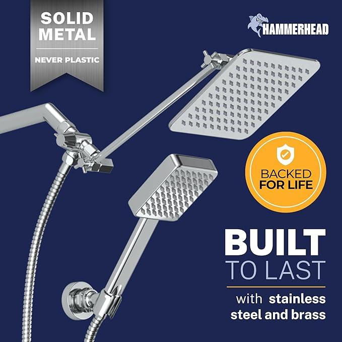 HammerHead® Solid Metal Dual Shower Head Combo — 8" Square Rain Shower Head with Handheld, 12" Adjustable Arm & Wall-Mount Holder for Flexible Installation — Chrome - ModernBath