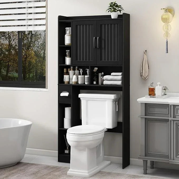 Vabches Over The Toilet Storage Cabinet, Farmhouse Storage Cabinet Over Toilet with Barn Door, Home Space-Saving Toilet Rack, for Bathroom, Restroom, Laundry（Black）. - ModernBath