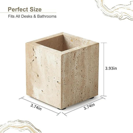 Real Natural Travertine Marble Toothbrush Holder & Pen Holder & Makeup Brush Holder & Utensil Holder, Genuine Stone Rectangular Bathroom Tumbler Cup, Durable Office & Home Countertop Organizer - ModernBath